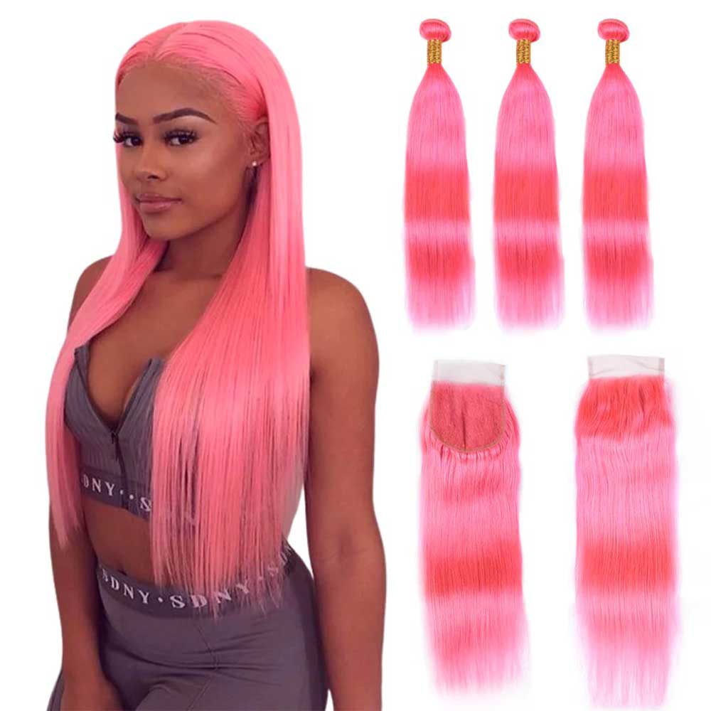 Beaudiva Pink Color Straight 3 Bundles With Lace Closure 100% Human Hair Bundles