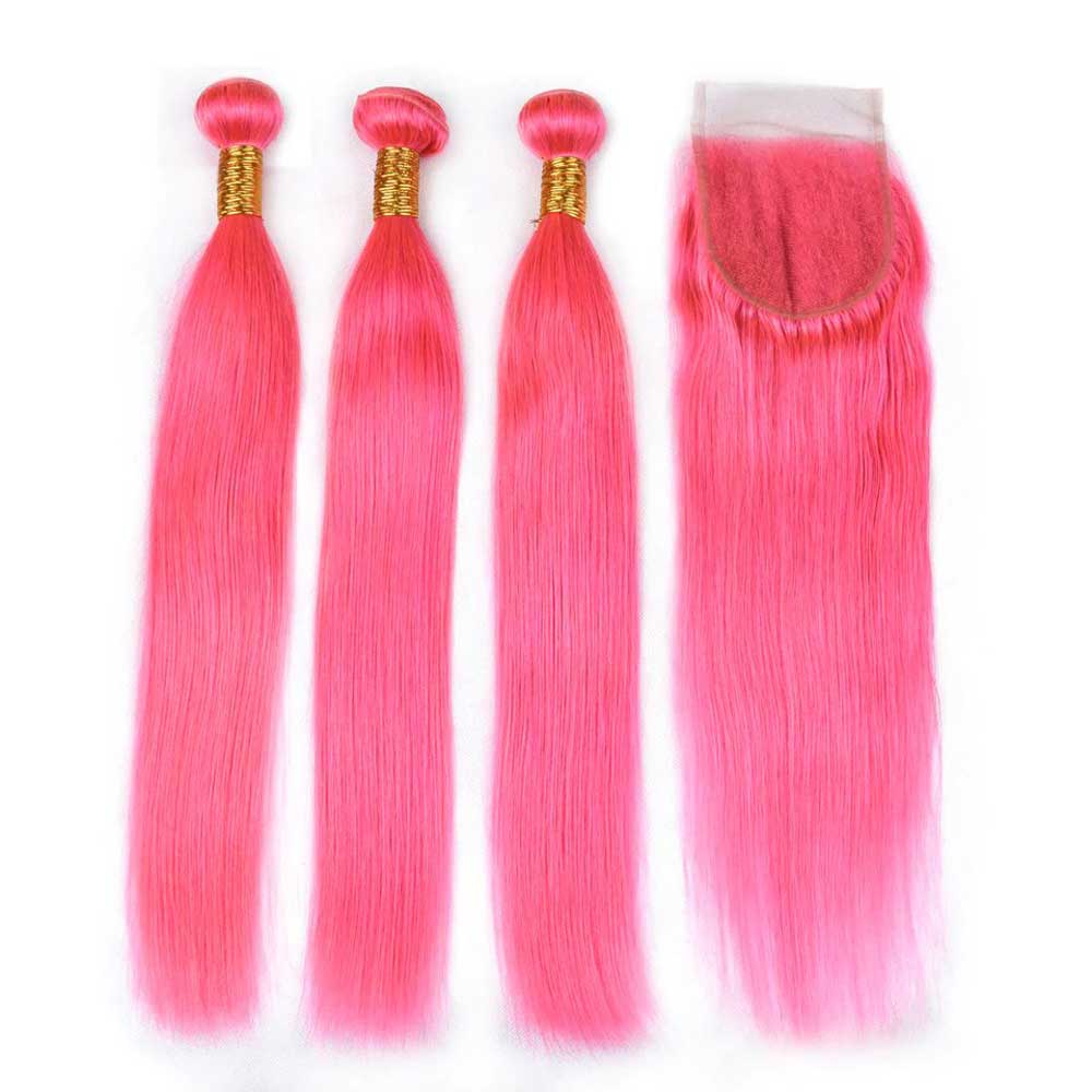 Beaudiva Pink Color Straight 3 Bundles With Lace Closure 100% Human Hair Bundles