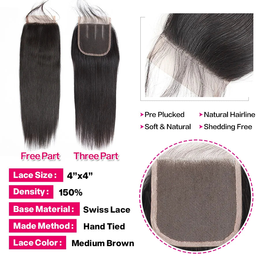 Princess Peruvian Straight Hair 3 Bundles With Lace Closure Double Weft Remy Human Hair Bundles With Lace Closure