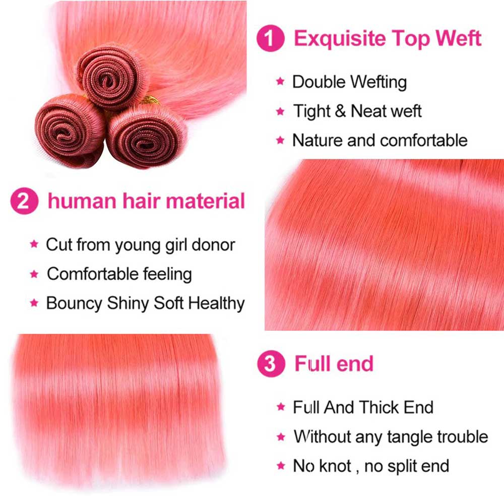 Beaudiva Pink Color Straight 3 Bundles With Lace Closure 100% Human Hair Bundles