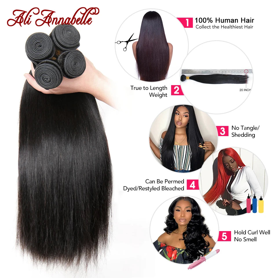 ALI ANNABELLE Straight Hair Bundles Human Hair Bundles 30 28 26 Inch 1 3 4 Bundles Deals Natural Brazilian Hair Weave Bundles