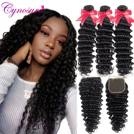 Cynosure Human Hair Bundles With Closure Brazilian Deep Wave 3 Bundles With Lace Closure Remy Human Hair Extension