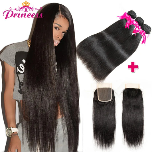 Princess Peruvian Straight Hair 3 Bundles With Lace Closure Double Weft Remy Human Hair Bundles With Lace Closure