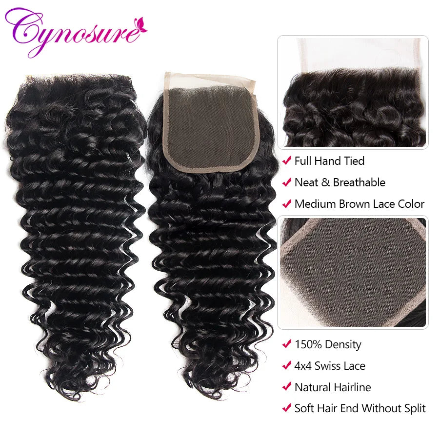 Cynosure Human Hair Bundles With Closure Brazilian Deep Wave 3 Bundles With Lace Closure Remy Human Hair Extension