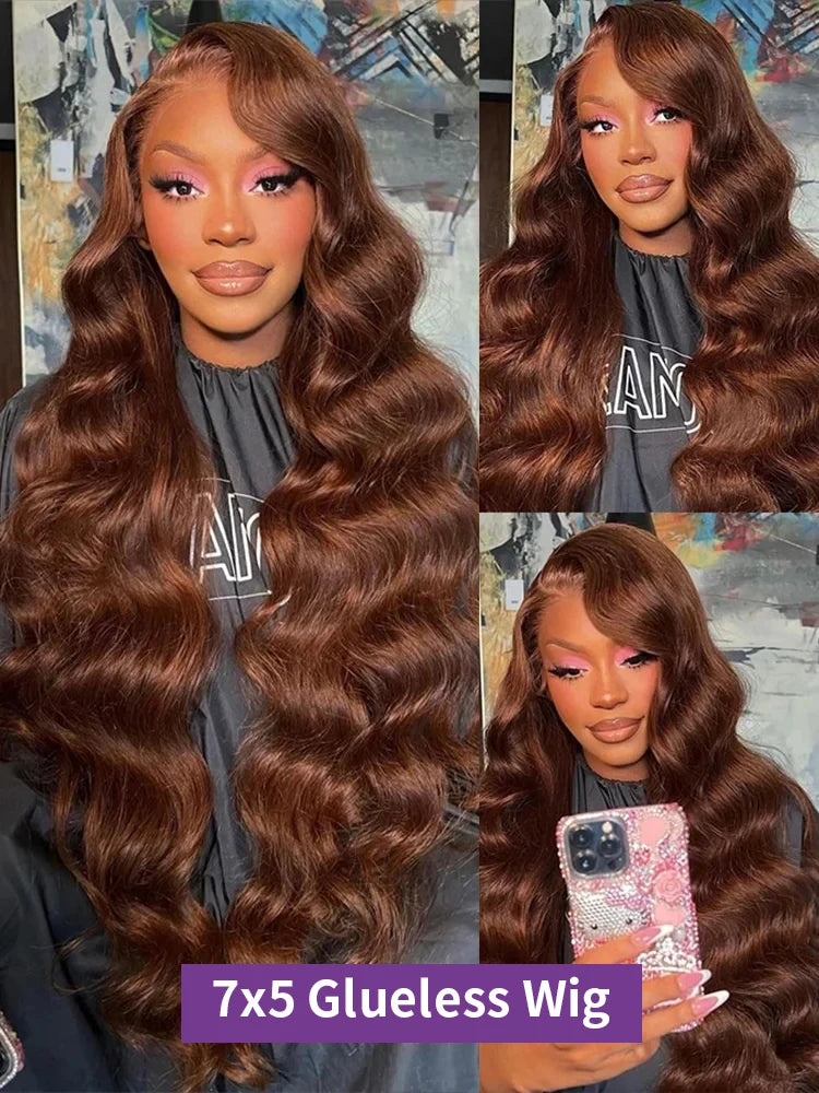 Chocolate Brown Glueless Wig Body Wave Pre Plucked Bleached Knot