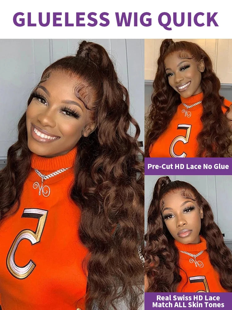 Chocolate Brown Glueless Wig Body Wave Pre Plucked Bleached Knot