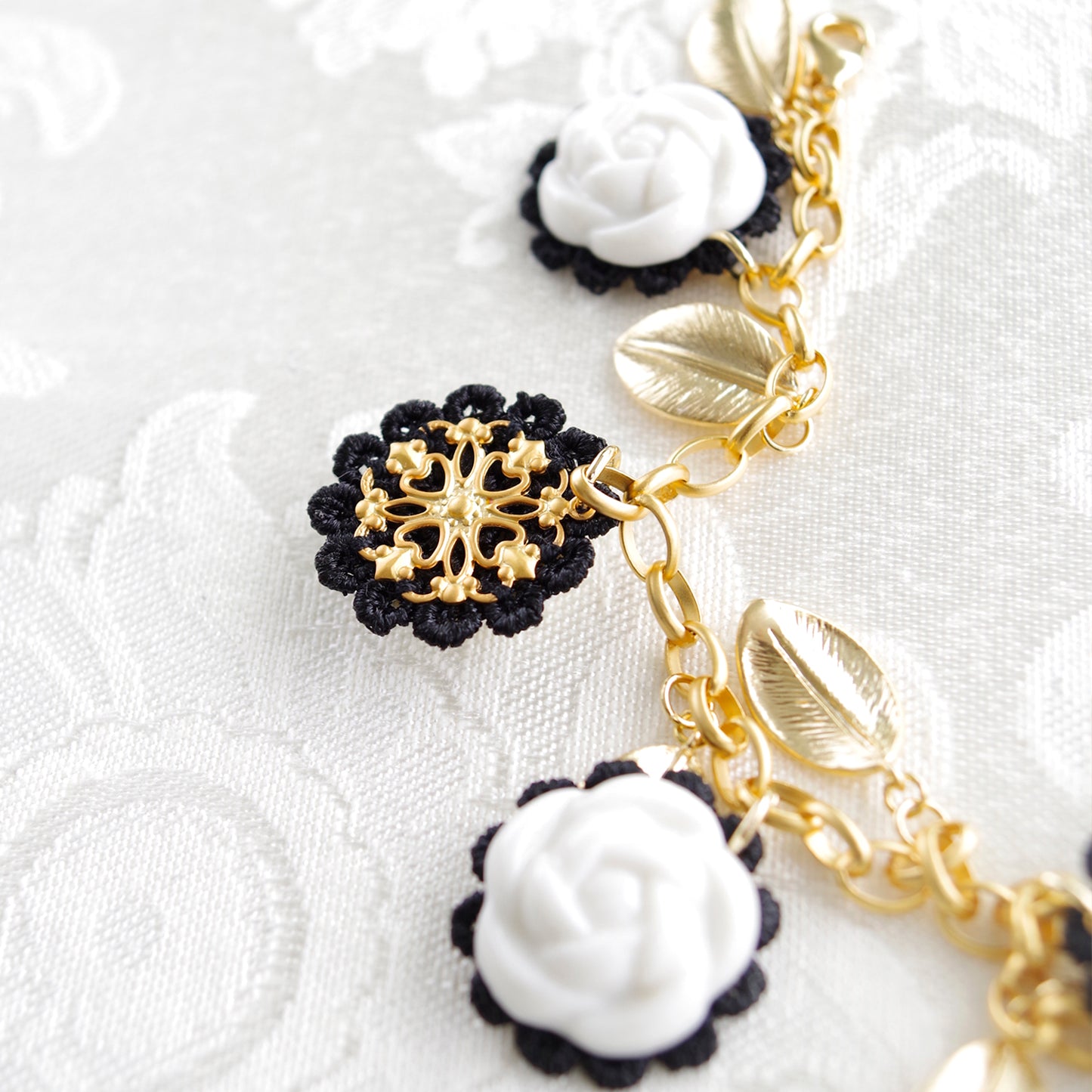 Porcelain Camellias and Golden Leaves Bracelet