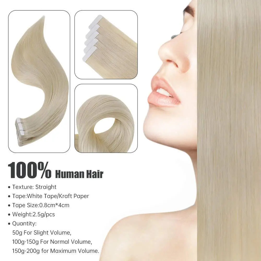 Pure Blonde Hair Tape in Human Hair Extensions 20pcs Adhesive