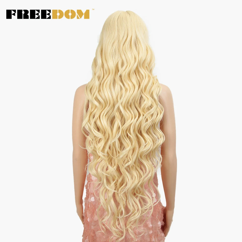 FREEDOM Synthetic Lace Wig 40 INCH Blonde Deep Wave Wigs for Women Long White Wig 613 Lace Wig Cosplay Wigs