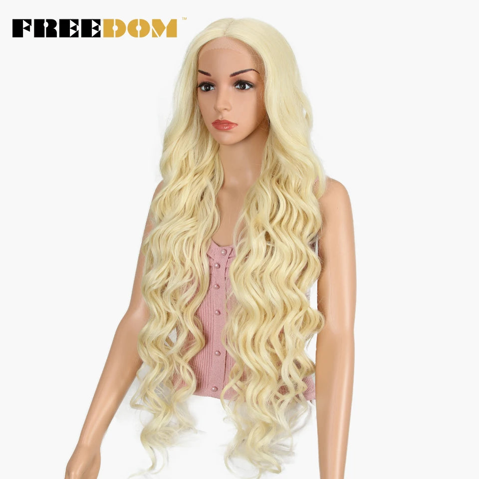 FREEDOM Synthetic Lace Wig 40 INCH Blonde Deep Wave Wigs for Women Long White Wig 613 Lace Wig Cosplay Wigs