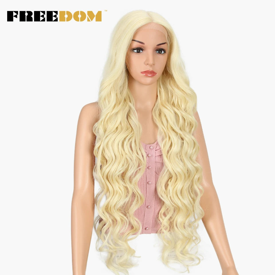 FREEDOM Synthetic Lace Wig 40 INCH Blonde Deep Wave Wigs for Women Long White Wig 613 Lace Wig Cosplay Wigs