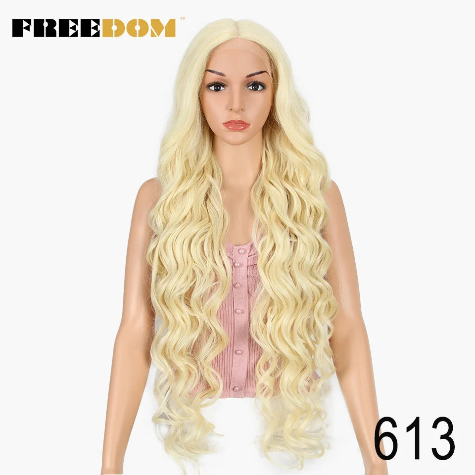 FREEDOM Synthetic Lace Wig 40 INCH Blonde Deep Wave Wigs for Women Long White Wig 613 Lace Wig Cosplay Wigs