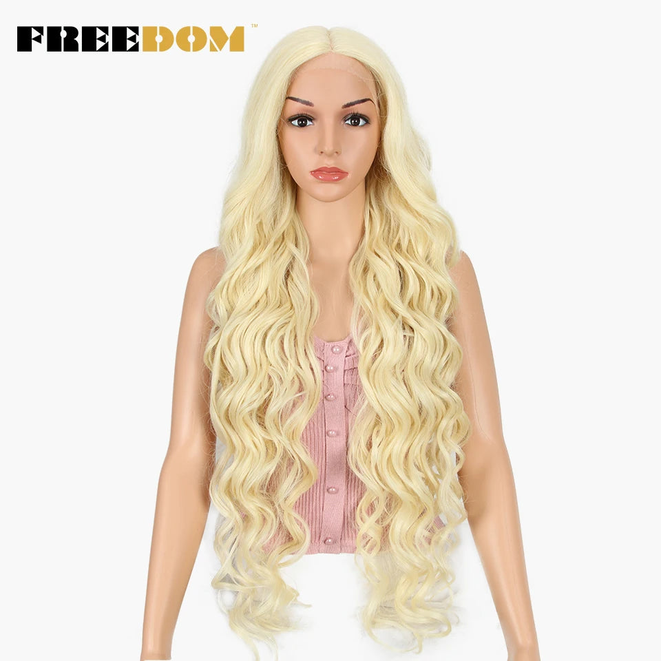 FREEDOM Synthetic Lace Wig 40 INCH Blonde Deep Wave Wigs for Women Long White Wig 613 Lace Wig Cosplay Wigs