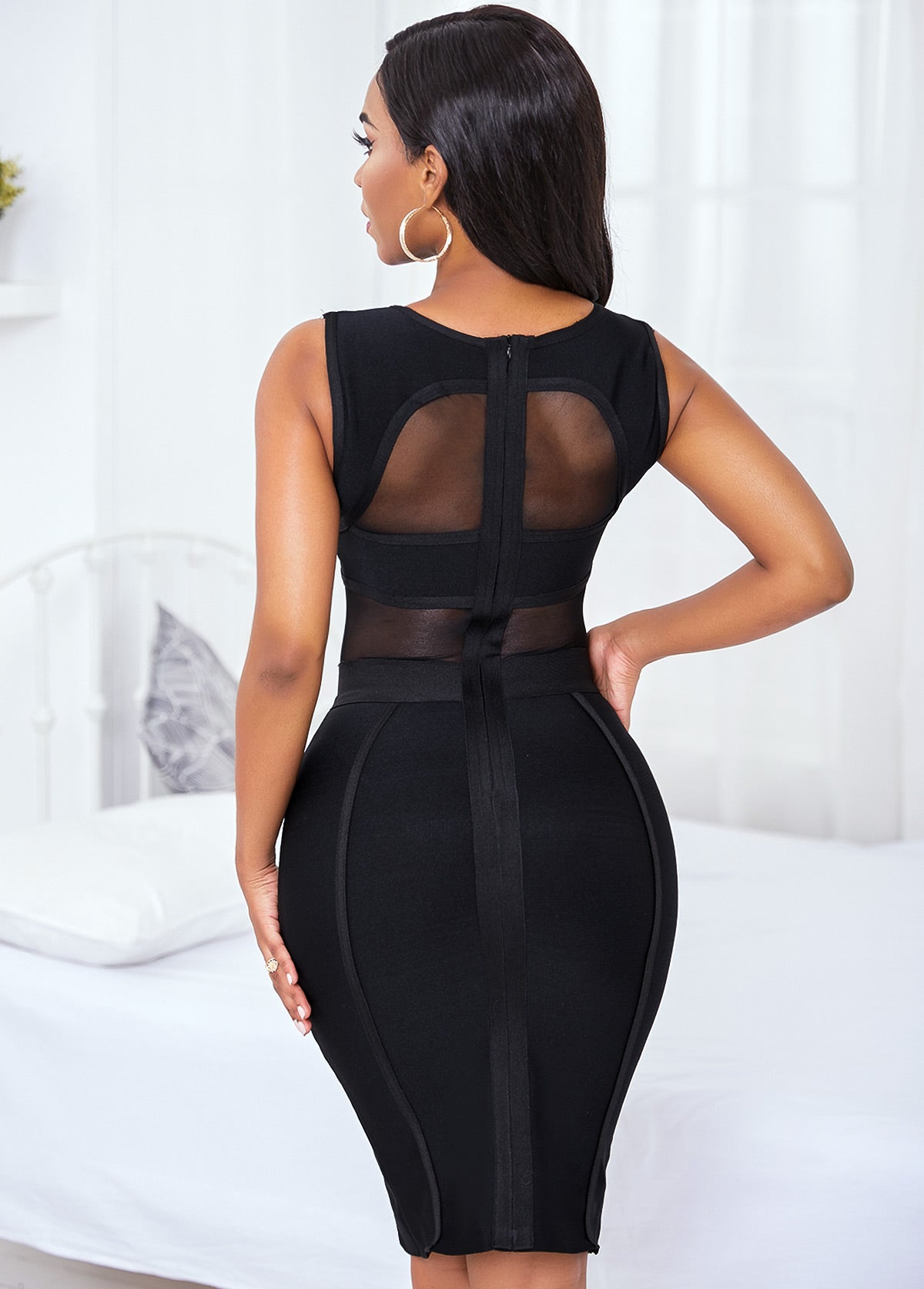 Backless Round Neck Mesh Panel Bandage Bodycon Dress