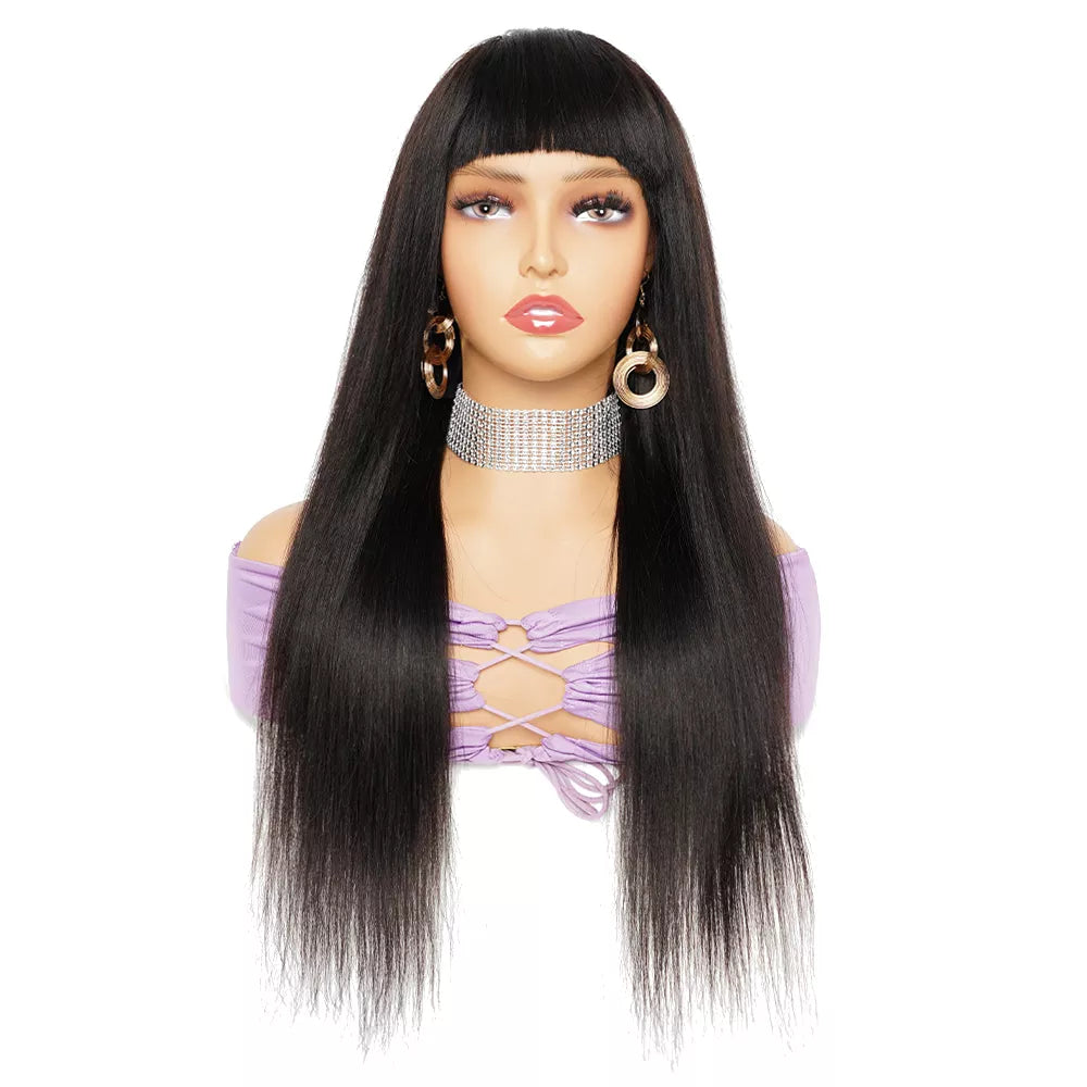 With Bangs Human Hair Wig Natural Brown Color Straight Wigs