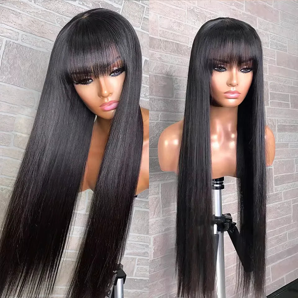 Straight Wig With Bangs 100% Human Hair Wig Without Glue