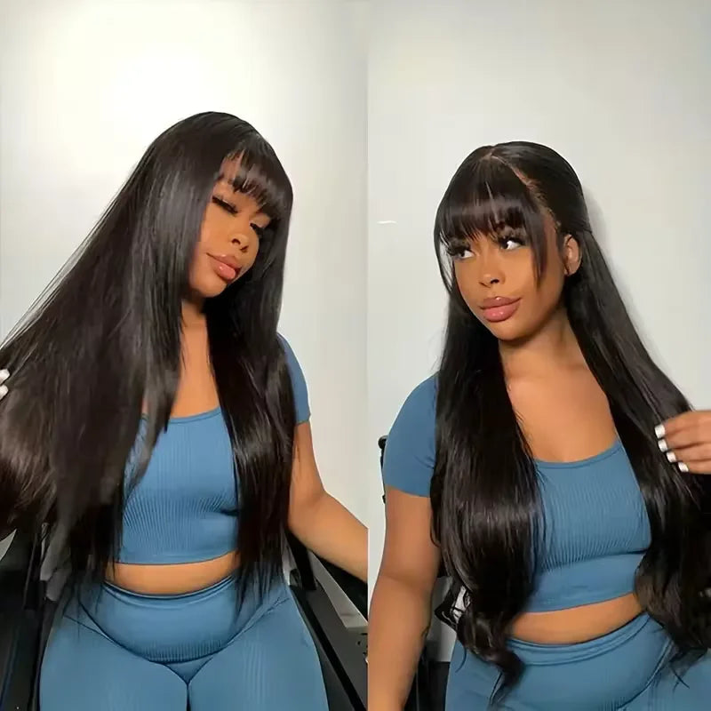 Straight Wig With Bangs 100% Human Hair Wig Without Glue