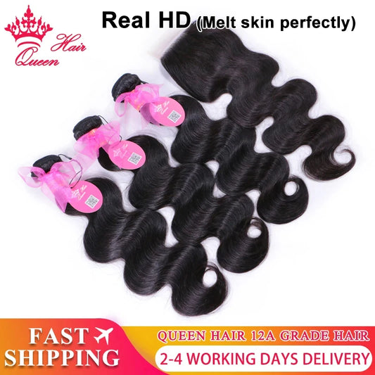 Queen Hair Body Wave Bundles With Real HD Invisible Lace Closure Frontal