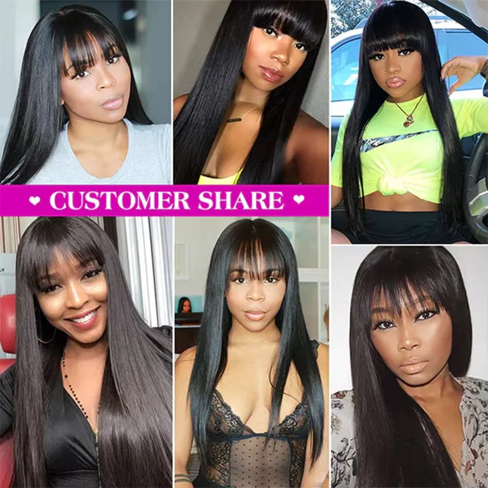 Straight Wig With Bangs 100% Human Hair Wig Without Glue