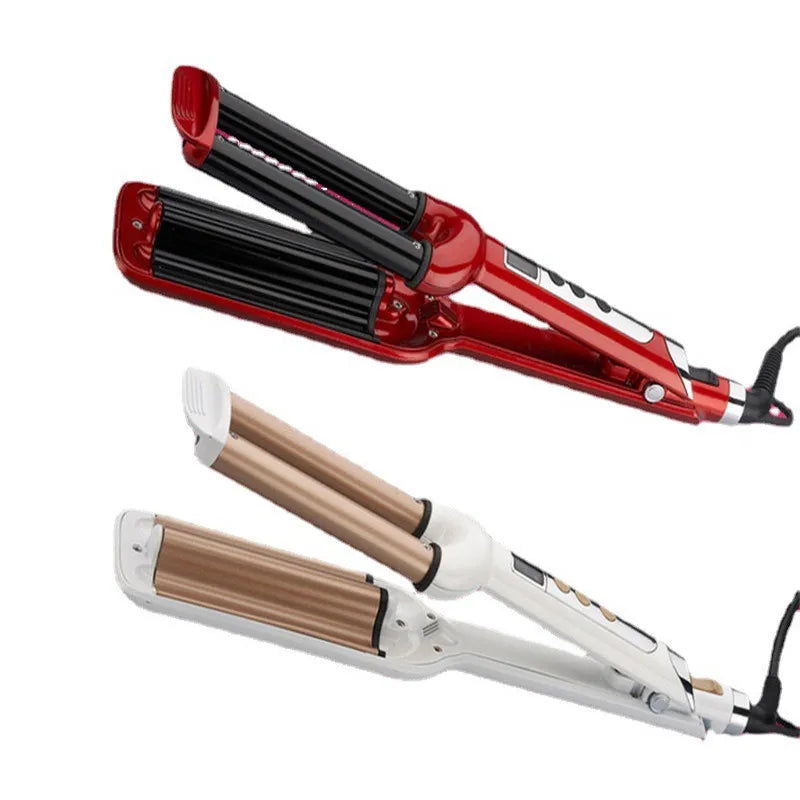 LCD Electric Porcelain Hair Curler Roll 3 Barrels Curling Tongs Clamp V52