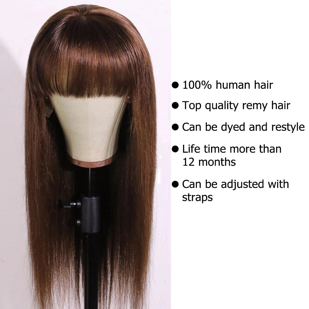 With Bangs Human Hair Wig Natural Brown Color Straight Wigs