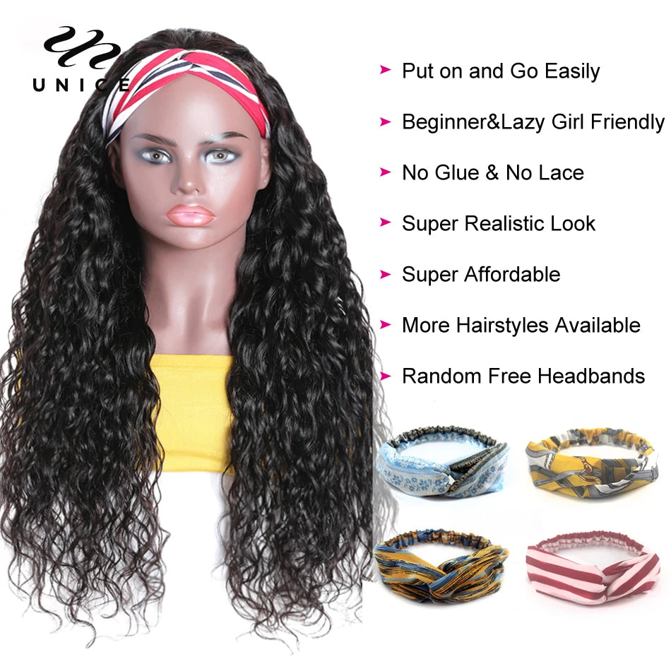 Headband Water Wave Human Hair Wigs