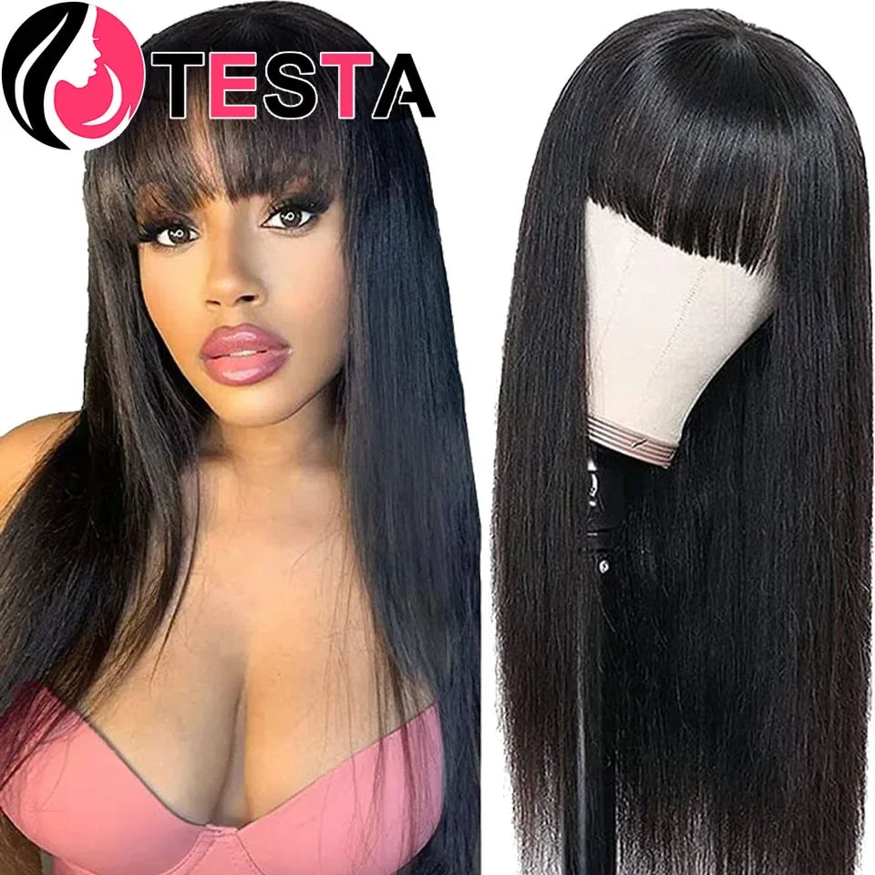 With Bangs Human Hair Wig Natural Brown Color Straight Wigs