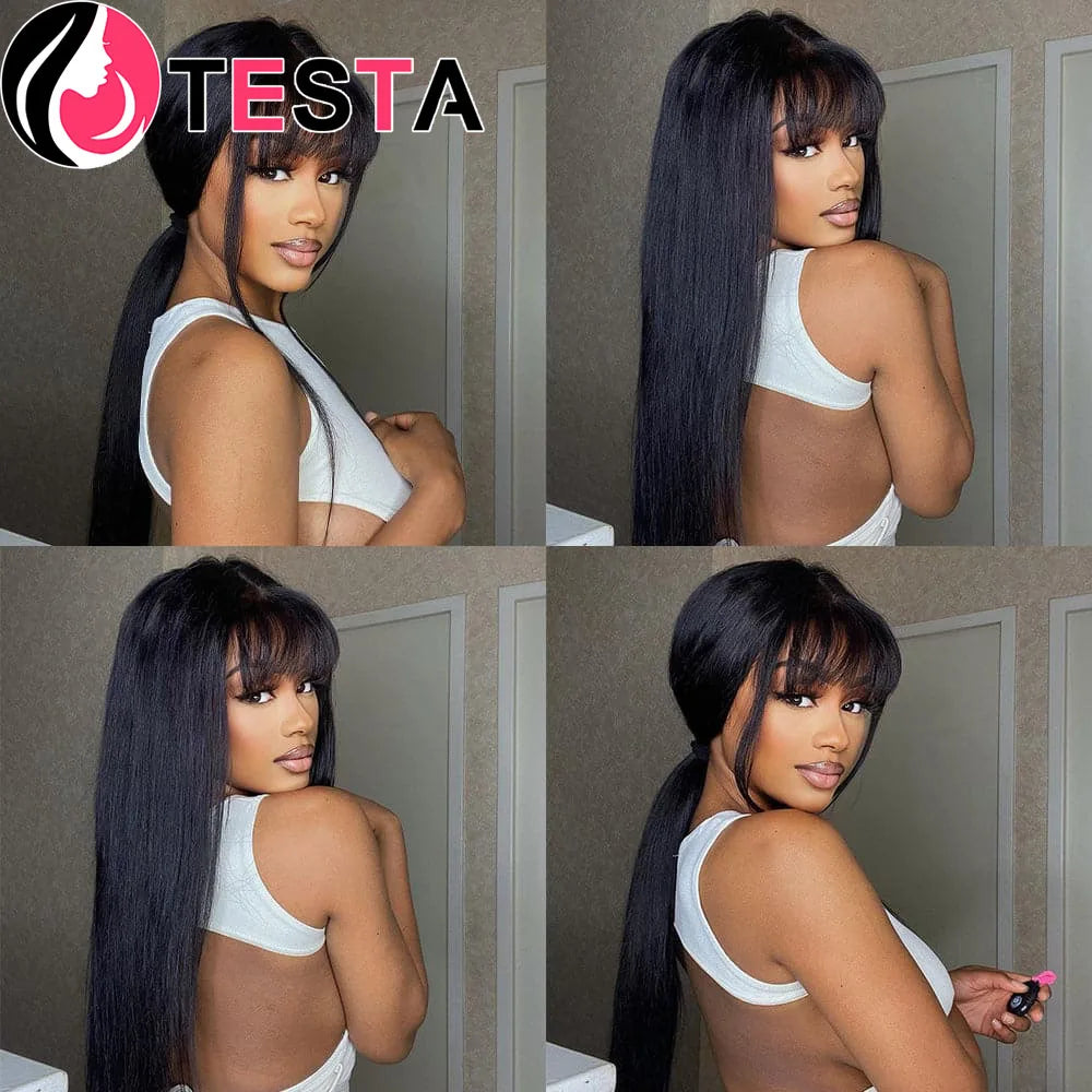 With Bangs Human Hair Wig Natural Brown Color Straight Wigs