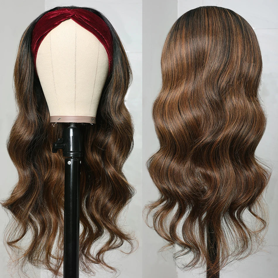 Balayage Headband Wig Human Body Wave Highlight  Pre-Attached