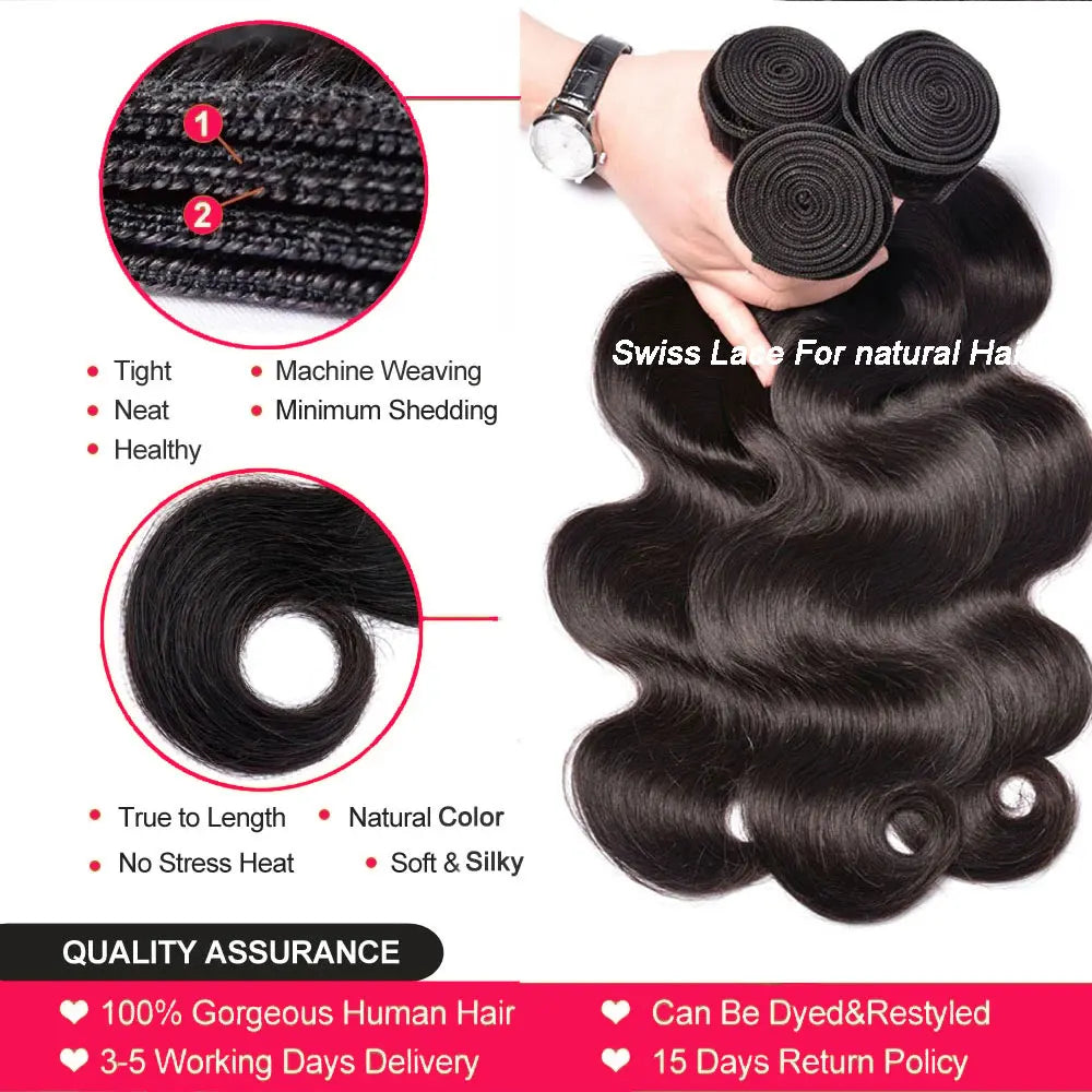 Body Wave Bundles With Closure 5x5 HD Lace Remy Brazilian Weaving 30 Inch Natural Hair Extension Human Hair Bundles With Frontal