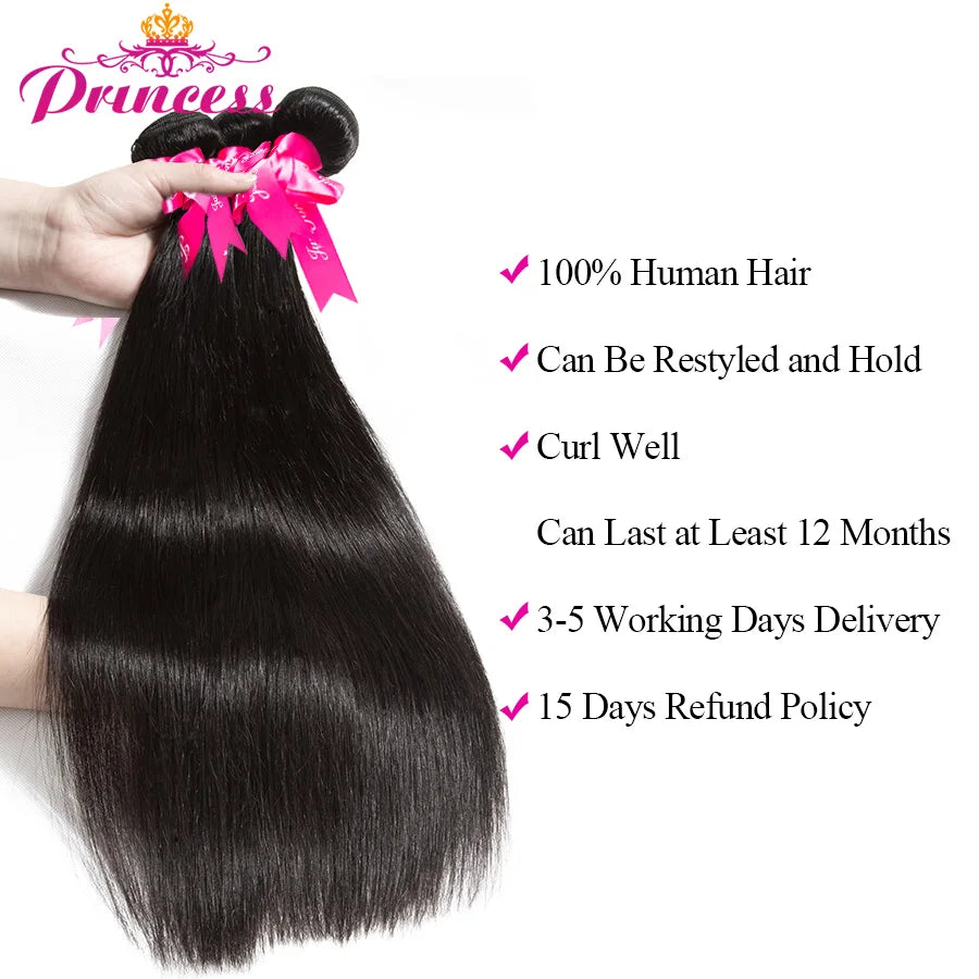 Princess Peruvian Straight Hair 3 Bundles With Lace Closure Double Weft Remy Human Hair Bundles With Lace Closure