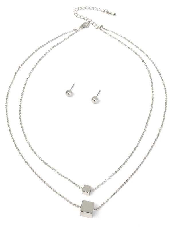 Cube Pendant Double Layer Necklace Set