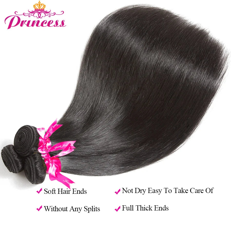 Princess Peruvian Straight Hair 3 Bundles With Lace Closure Double Weft Remy Human Hair Bundles With Lace Closure